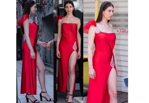 Crvena haljina sa tilom i cirkonima od najfinijeg italijanskog materijala na jedno rame