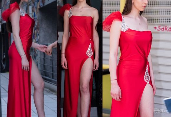 Crvena haljina sa tilom i cirkonima od najfinijeg italijanskog materijala na jedno rame