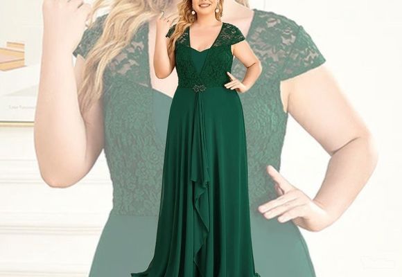Duga haljina koja se lagano širi od pojasa, sa kratkim rukavima od čipke i ukrasom u predelu struka, u zelenoj boji. Dostupne veličine: 7XL