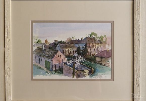 Mihail Kulacic - Akvarel slika Kuce u mom selu - Galerija Spanac