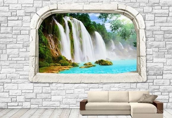 3D Kombinovane Foto Tapete - Kameni Prozor sa Pogledom na Vodopad