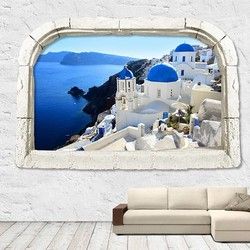 3D Kombinovane Foto Tapete - Kameni Prozor sa Pogledom na Santorini Ostrvo