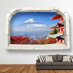 3D Kombinovane Foto Tapete - Kameni Prozor sa Pogledom na Mount Fuji