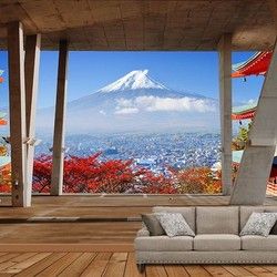 3D Kombinovane Foto Tapete - Pogled sa Zgrade na Mount Fuji