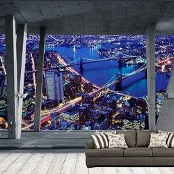 3D Kombinovane Foto Tapete - Pogled sa Zgrade na Osvetljene Mostove