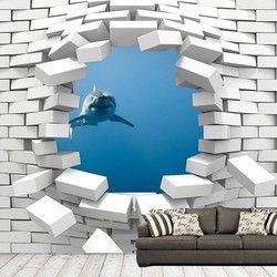 3D Kombinovane Foto Tapete - Rupa u Zidu sa Pogledom na Ajkulu
