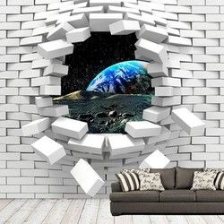 3D Kombinovane Foto Tapete - Rupa u Zidu sa Pogledom sa Meseca