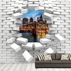 3D Kombinovane Foto Tapete - Rupa u Zidu sa Pogledom na Grad
