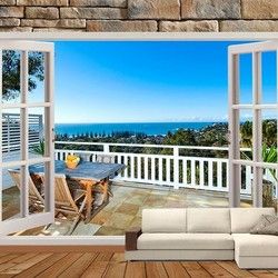 3D Kombinovane Foto Tapete - Balkonska Vrata i Tapeta sa Pogledom na Plavo More