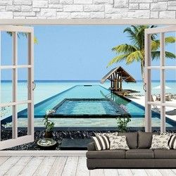 3D Kombinovane Foto Tapete - Balkonska Vrata i Tapeta sa Pogledom na Bazen na Plazi