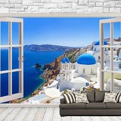 3D Kombinovane Foto Tapete - Balkonska Vrata i Tapeta sa Pogledom na Santorini