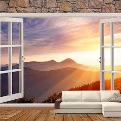3D Kombinovane Foto Tapete - Balkonska Vrata i Tapeta sa Pogledom na Izlazak Sunca