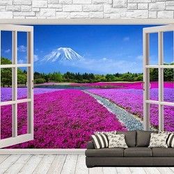 3D Kombinovane Foto Tapete - Balkonska Vrata i Tapeta sa Pogledom na Cvetnjak