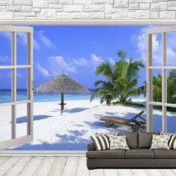 3D Kombinovane Foto Tapete - Balkonska Vrata i Tapeta sa Pogledom na Suncobran na Plazi