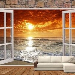 3D Kombinovane Foto Tapete - Balkonska Vrata i Tapeta sa Pogledom na Zalazak Sunca na Plazi