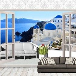 3D Kombinovane Foto Tapete - Balkonska Vrata i Tapeta sa Pogledom na Santorini Pejzaz