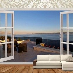 3D Kombinovane Foto Tapete - Balkonska Vrata i Tapeta sa Pogledom na Vecernje More