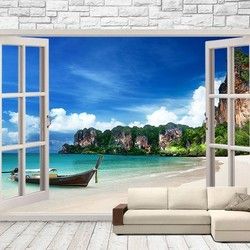 3D Kombinovane Foto Tapete - Balkonska Vrata i Tapeta sa Pogledom na Camac na Plazi