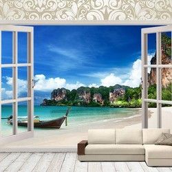 3D Kombinovane Foto Tapete - Balkonska Vrata i Tapeta sa Pogledom na Plazu sa Camcem