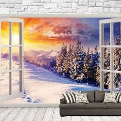 3D Kombinovane Foto Tapete - Balkonska Vrata i Tapeta sa Pogledom na Osuncani Sneg