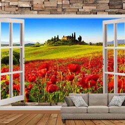 3D Kombinovane Foto Tapete - Balkonska Vrata i Tapeta sa Pogledom na Cvetno Polje