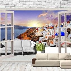 3D Kombinovane Foto Tapete - Balkonska Vrata i Tapeta sa Pogledom na Santorini Ostrvo