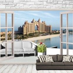 3D Kombinovane Foto Tapete - Balkonska Vrata sa Terasom i Pogledom na Hotel na Obali