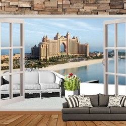 3D Kombinovane Foto Tapete - Balkonska Vrata sa Terasom i Pogledom na Hotel na Plazi