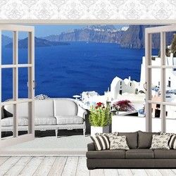 3D Kombinovane Foto Tapete - Balkonska Vrata sa Terasom i Pogledom na Santorini