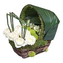Cveće za rođenja - cvetni aranžman u obliku kolica