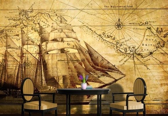 Vintage Ship Old Map Brod Jedrenjak Mapa 3D fototapeta zidni mural foto tapeta
