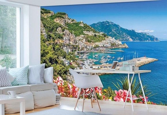 City Amalfi Coast Sea Port Salerno more grad u boji 3D fototapeta zidni mural foto tapeta