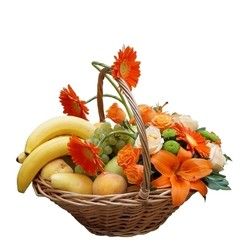 Cveće u narandžastim tonovima - Korpa sa voćem i cvećem