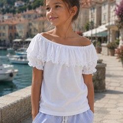 Romantična bela pamučna majica sa karnerima za devojčice od 6 do 16 godina