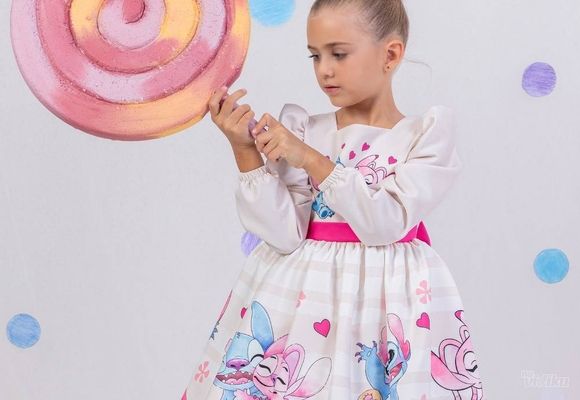 Stič i Anđela (Stich&Angel) haljinica s dugim rukavima za devojčice od 1 do 4 godine - ciklama pojas i talas