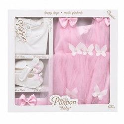 Set od 4 dela za novorođene bebe do 0 do 3 meseca sa roze haljinicom sa leptirićima