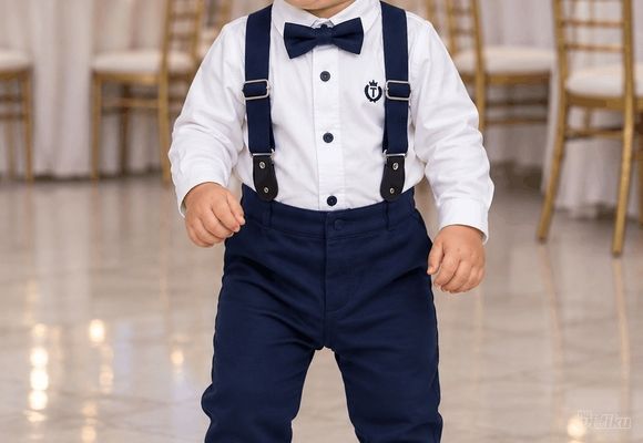 Odelo košulja, tregeri, leptir mašna i teget pantalone za bebe od 6 do 24 meseca