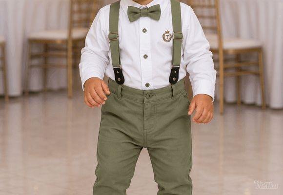 Odelo košulja, tregeri, leptir mašna i zelene pantalone za bebe od 6 do 24 meseca