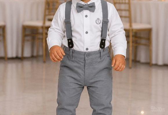 Odelo košulja, tregeri, leptir mašna i sive pantalone za bebe od 6 do 24 meseca