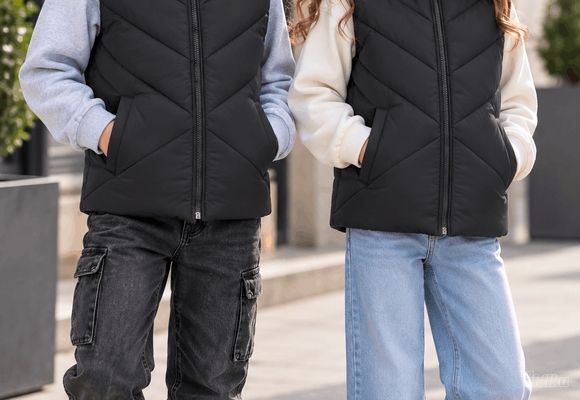 Crni štepani prsluk za dečake i devojčice od 7 do 14 godina