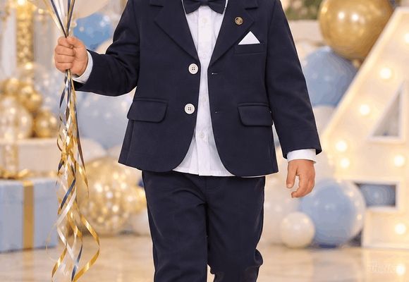Svečano tamno teget odelo za dečake od 2 do 6 godina - košulja, sako, pantalone i leptir mašna